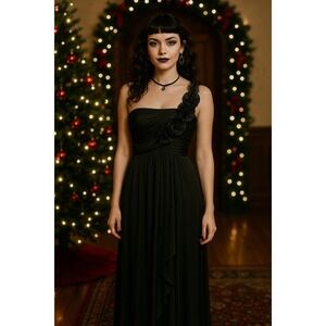 Whimsigoth Holiday‎ Y2K 90s Black One Shoulder Rosettes Chiffon Maxi Jr 9 Dress